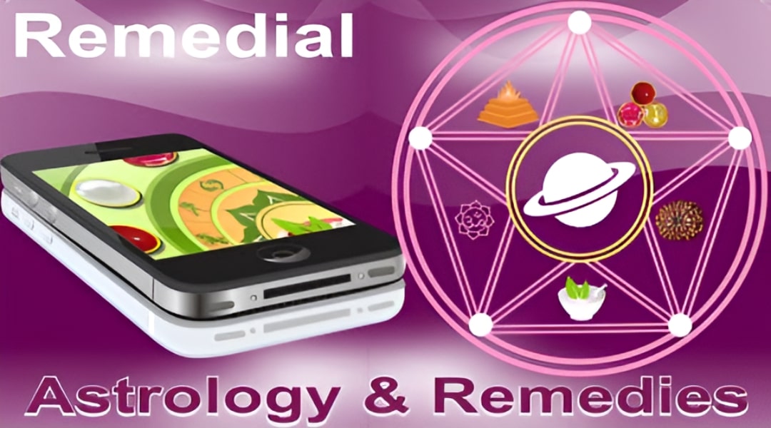 A collection of powerful Vedic astrology remedies (Upay), including a precious gemstone and a sacred Yantra.